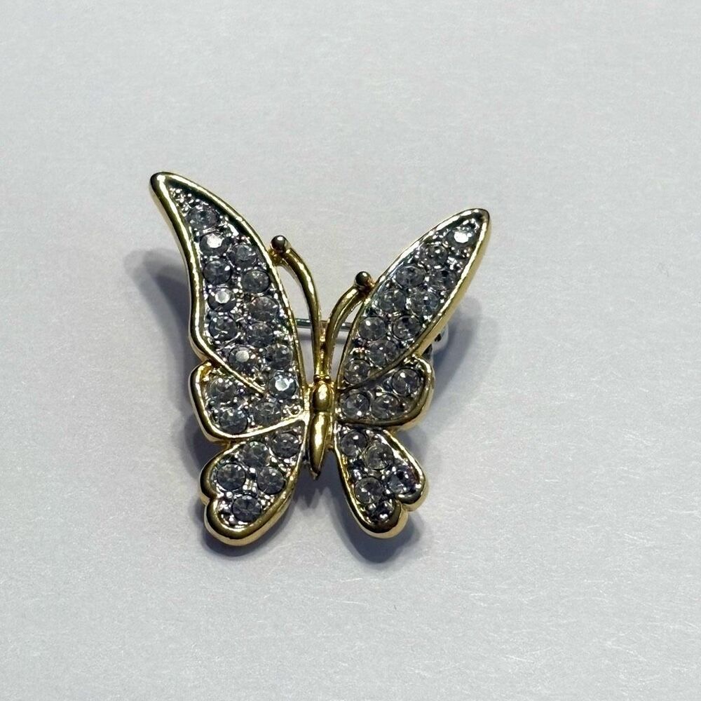 Vintage Gold Plated Butterfly Clear Rhinestone Brooch Pine Costume Jewelry
